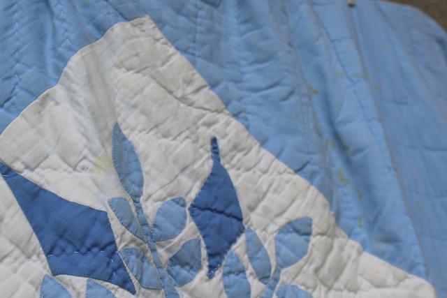 photo of snowflake applique hand stitched quilt, 1950s vintage blue & white cotton cutter quilt #13