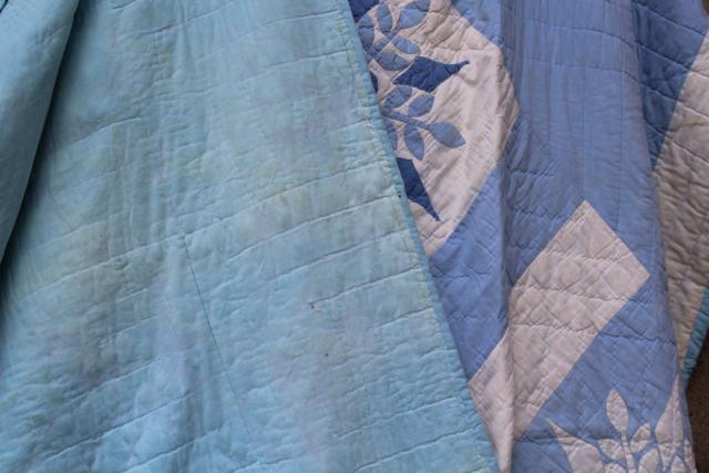 photo of snowflake applique hand stitched quilt, 1950s vintage blue & white cotton cutter quilt #14