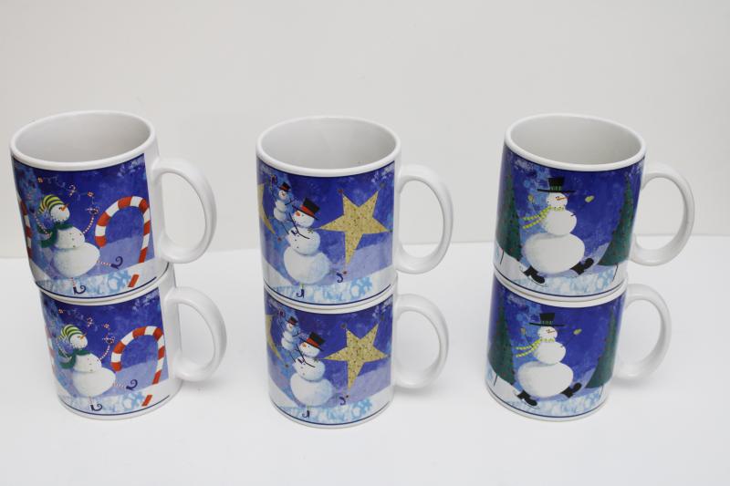 photo of snowman pattern winter holiday dishes, Sakura Snow Pals Oneida china mugs #1