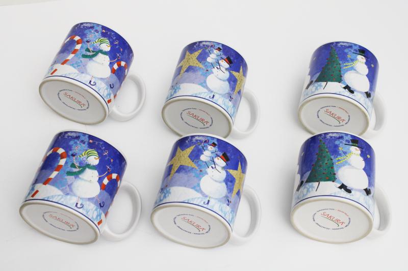 photo of snowman pattern winter holiday dishes, Sakura Snow Pals Oneida china mugs #3