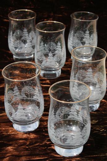 photo of snowy forest Christmas glasses, Libbey tulip shape tumblers w/ white pine trees #1