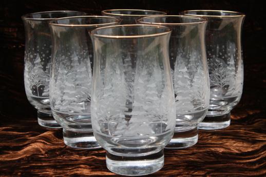 photo of snowy forest Christmas glasses, Libbey tulip shape tumblers w/ white pine trees #4