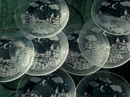 photo of snowy, silent night Christmas plates, set of 8 clear pressed glass plates #1