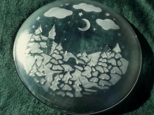 photo of snowy, silent night Christmas plates, set of 8 clear pressed glass plates #3