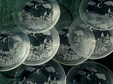 catalog photo of snowy, silent night Christmas plates, set of 8 clear pressed glass plates