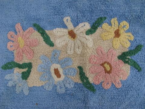 photo of soft cotton chenille, vintage throw rug w/ flowers on blue #2