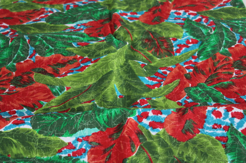 photo of soft cotton fabric w/ tropical palm leaves print in summer colors, red, aqua blue, green #1