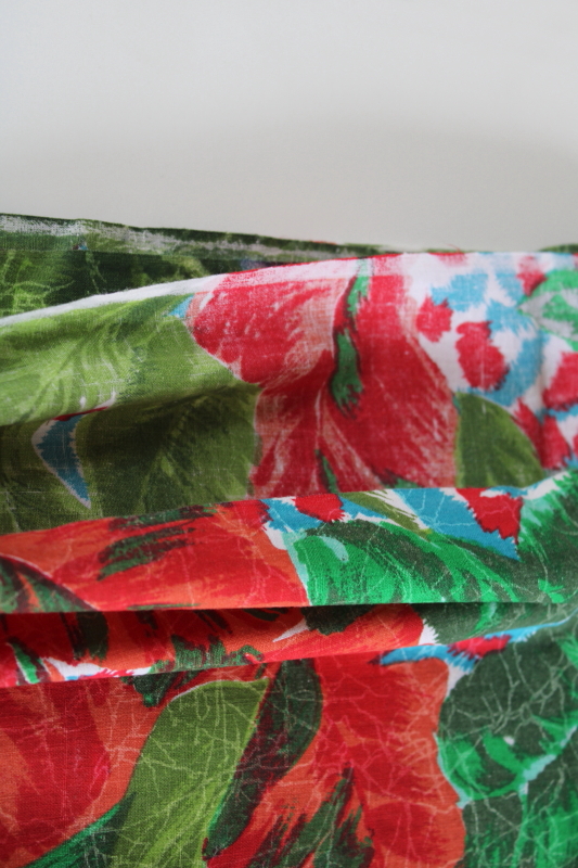 photo of soft cotton fabric w/ tropical palm leaves print in summer colors, red, aqua blue, green #2