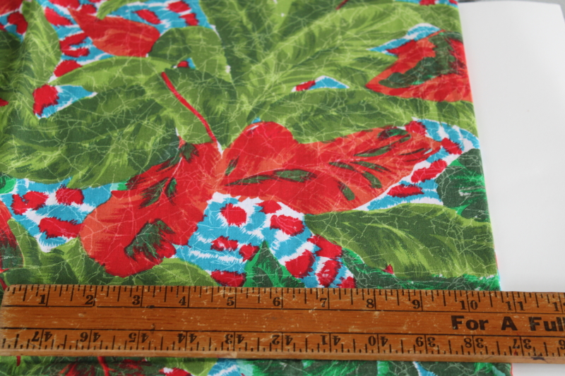 photo of soft cotton fabric w/ tropical palm leaves print in summer colors, red, aqua blue, green #3