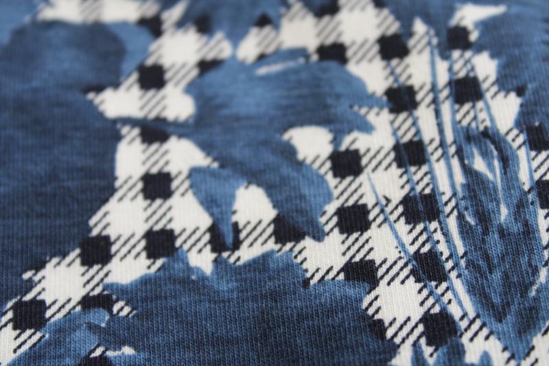 photo of soft cotton / spandex knit fabric, indigo blue floral houndstooth print #4