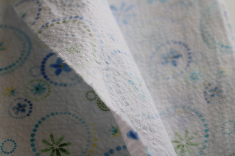 photo of soft crinkle cotton plisse fabric, flowers print in aqua, blue, yellow, shades of green #2