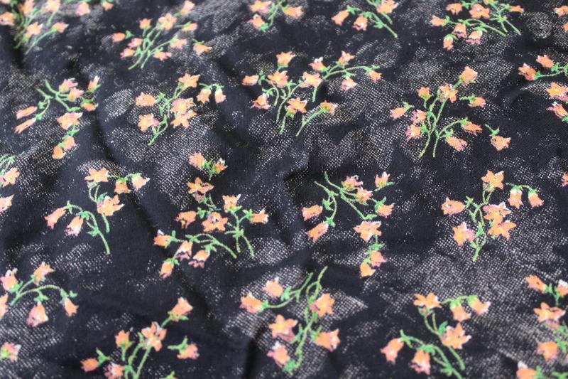 photo of soft crinkle rayon / poly fabric, coral orange floral print on black, boho vintage #1