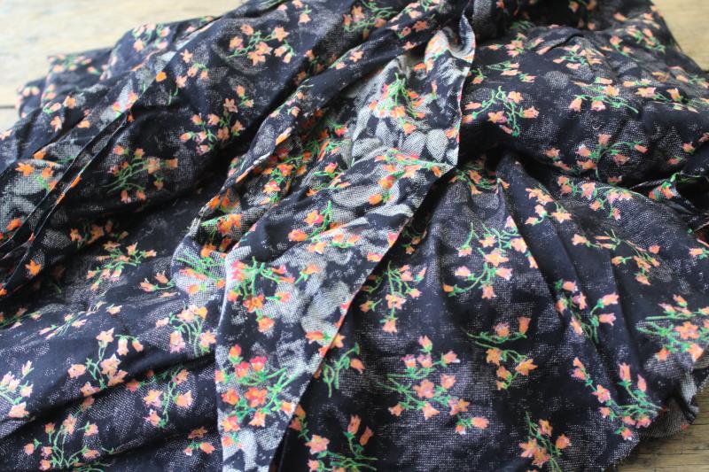 photo of soft crinkle rayon / poly fabric, coral orange floral print on black, boho vintage #3