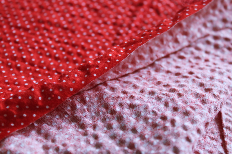 photo of soft crinkle texture cotton fabric, vintage plisse red & white dotted pin dot print #3