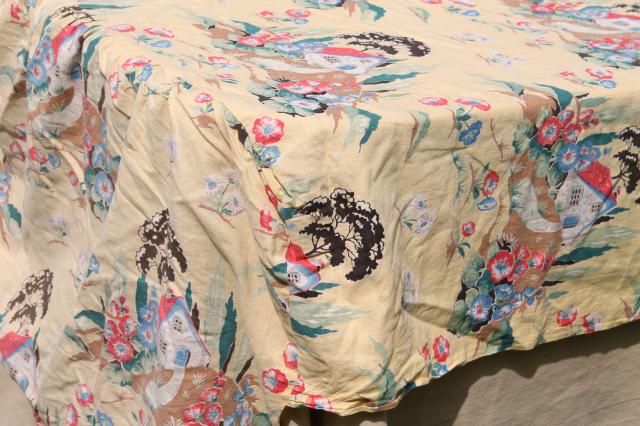 photo of soft faded vintage cotton fabric w/ cottage print, old table cover w/ gathered skirt #9