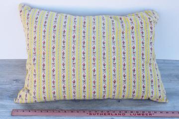 catalog photo of soft feather pillow, vintage cottage chic floral striped cotton ticking fabric