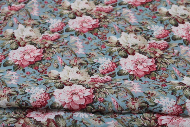 photo of soft flowy poly georgette fabric, English cottage romantic floral print pink flowers on aqua #1