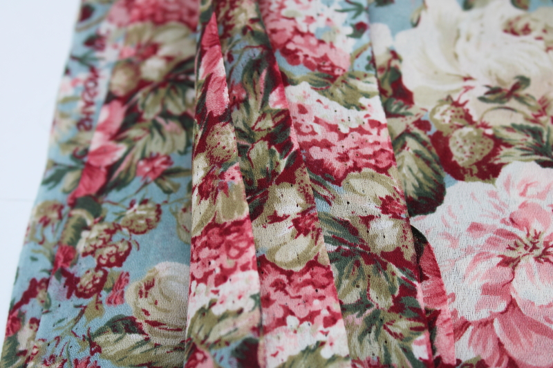 photo of soft flowy poly georgette fabric, English cottage romantic floral print pink flowers on aqua #2