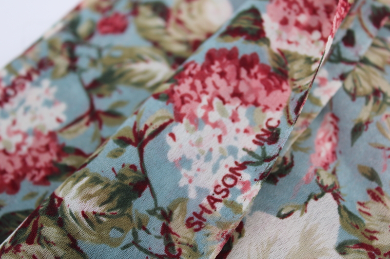 photo of soft flowy poly georgette fabric, English cottage romantic floral print pink flowers on aqua #4
