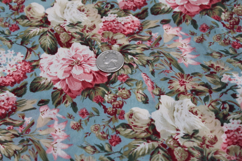 photo of soft flowy poly georgette fabric, English cottage romantic floral print pink flowers on aqua #5