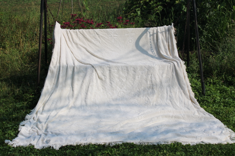 photo of soft fluffy clean freshly washed vintage white cotton candlewick chenille bedspreads lot #3