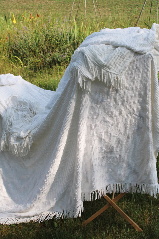 photo of soft fluffy clean freshly washed vintage white cotton candlewick chenille bedspreads lot #10