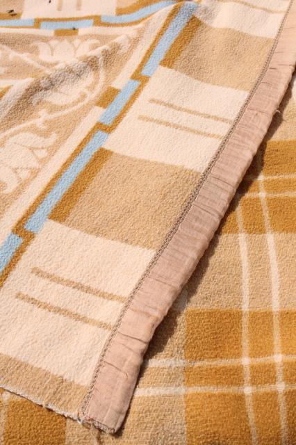 photo of soft old cotton camp blanket, 1940s or 50s vintage tan brown, ivory, blue #4
