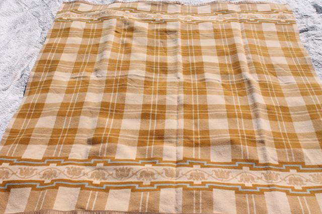 photo of soft old cotton camp blanket, 1940s or 50s vintage tan brown, ivory, blue #5