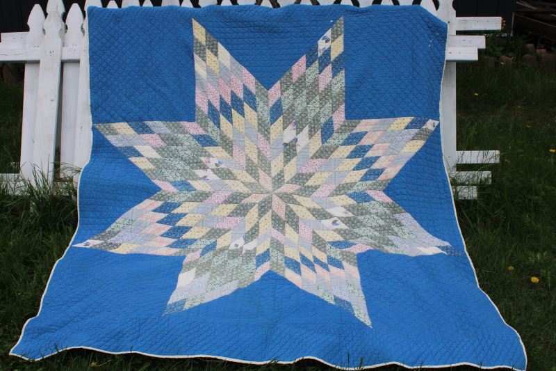 photo of soft old cotton patchwork quilt, lone star vintage prints w/ blue, prairie girl style #1