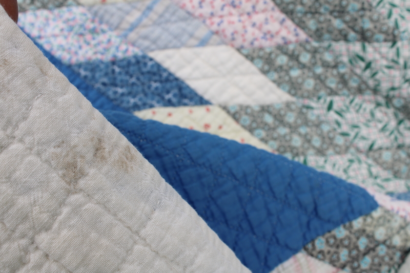 photo of soft old cotton patchwork quilt, lone star vintage prints w/ blue, prairie girl style #2