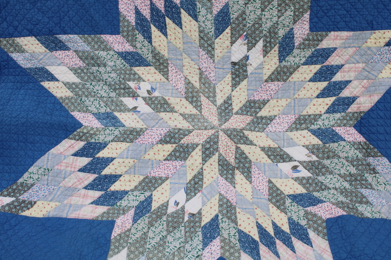 photo of soft old cotton patchwork quilt, lone star vintage prints w/ blue, prairie girl style #11