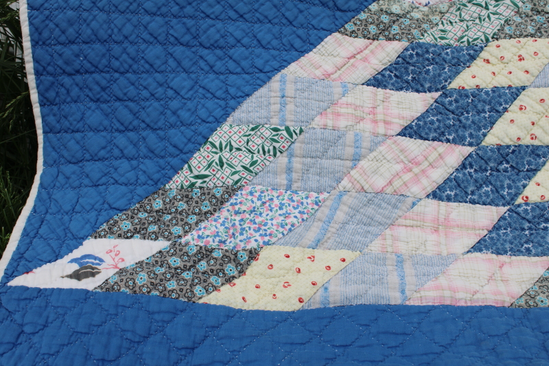 photo of soft old cotton patchwork quilt, lone star vintage prints w/ blue, prairie girl style #13