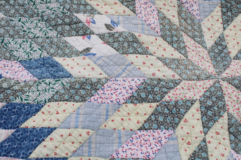 photo of soft old cotton patchwork quilt, lone star vintage prints w/ blue, prairie girl style #15