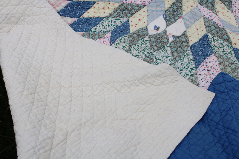 photo of soft old cotton patchwork quilt, lone star vintage prints w/ blue, prairie girl style #17