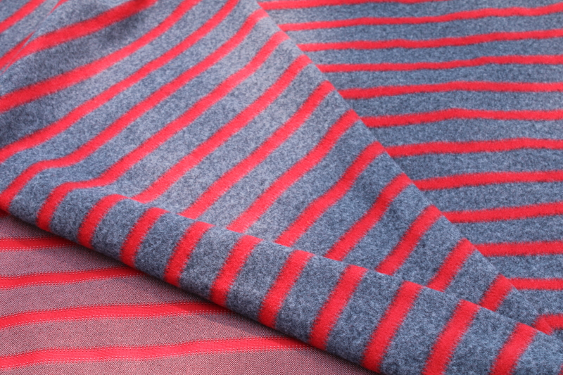 photo of soft poly velour fabric, rustic lumberjack style vertical stripe red dark grey heather #1