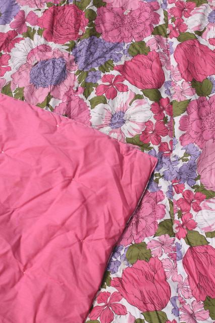 photo of soft puffy vintage flowered cotton comforter, tied quilt w/ pink & lavender flowers #4