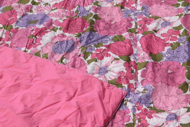 photo of soft puffy vintage flowered cotton comforter, tied quilt w/ pink & lavender flowers #7