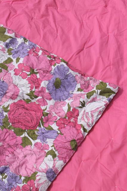 photo of soft puffy vintage flowered cotton comforter, tied quilt w/ pink & lavender flowers #9