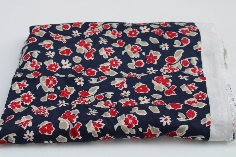 photo of soft rayon fabric, 3 yards red sprig abstract floral print on navy blue #1