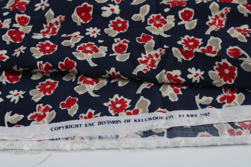 photo of soft rayon fabric, 3 yards red sprig abstract floral print on navy blue #2