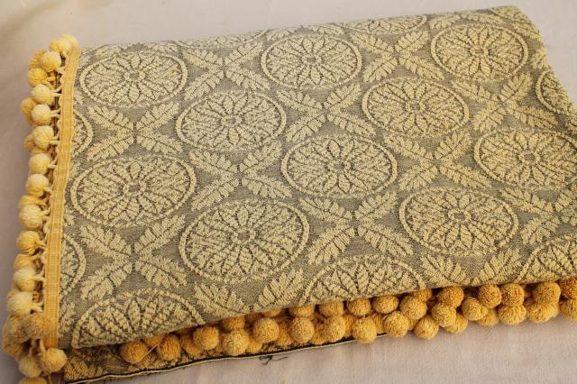 photo of soft vintage cotton bedspread or sofa cover, french grey & mustard gold w/ popcorn fringe #1