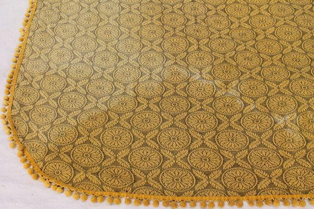 photo of soft vintage cotton bedspread or sofa cover, french grey & mustard gold w/ popcorn fringe  #3