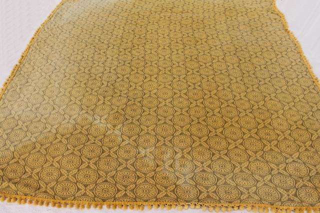 photo of soft vintage cotton bedspread or sofa cover, french grey & mustard gold w/ popcorn fringe  #4