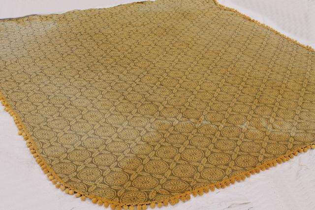 photo of soft vintage cotton bedspread or sofa cover, french grey & mustard gold w/ popcorn fringe  #6