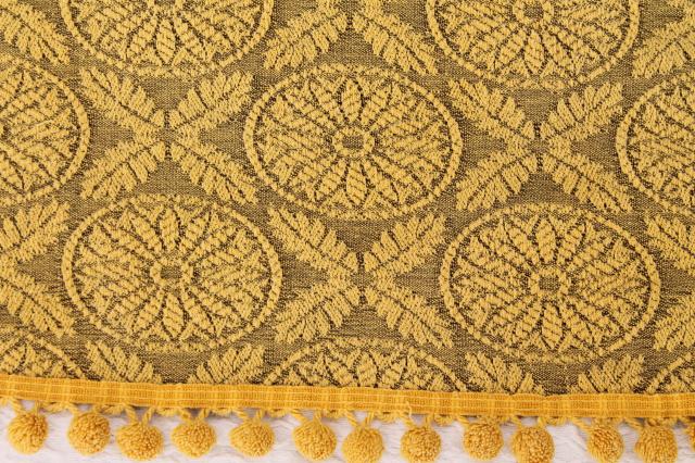 photo of soft vintage cotton bedspread or sofa cover, french grey & mustard gold w/ popcorn fringe  #9