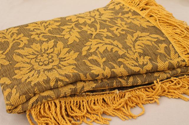 photo of soft vintage cotton bedspread or sofa cover, grey & mustard gold brocade w/ fringe #1