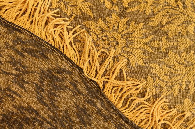 photo of soft vintage cotton bedspread or sofa cover, grey & mustard gold brocade w/ fringe #2