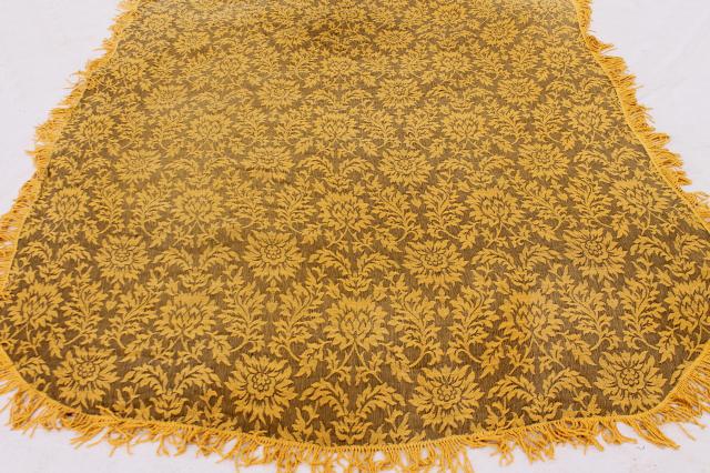 photo of soft vintage cotton bedspread or sofa cover, grey & mustard gold brocade w/ fringe #3