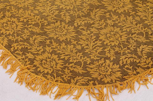 photo of soft vintage cotton bedspread or sofa cover, grey & mustard gold brocade w/ fringe #9