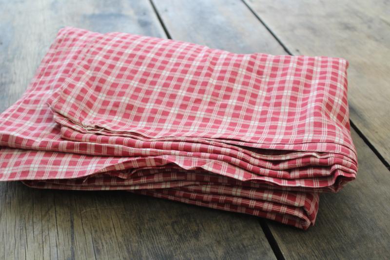 photo of soft vintage cotton comforter or duvet cover, barn red & white checked plaid fabric #1